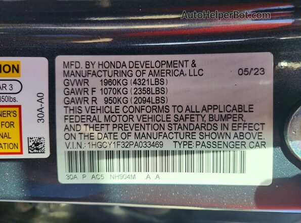 1HGCY1F32PA033469 2023 HONDA ACCORD Black Vista de la etiqueta del VIN