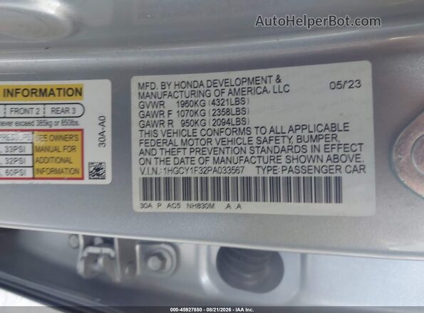 1HGCY1F32PA033567 2023 HONDA ACCORD Silver ძრავის განყოფილების ხედი
