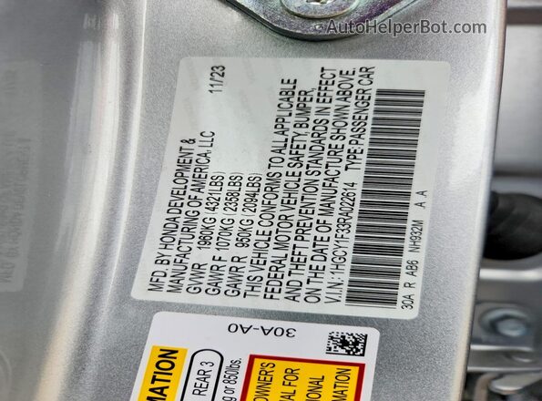 1HGCY1F33RA022614 2024 HONDA ACCORD Silver Вид наклейки з VIN-кодом