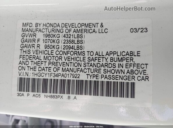 1HGCY1F34PA017922 2023 HONDA ACCORD White ძრავის განყოფილების ხედი
