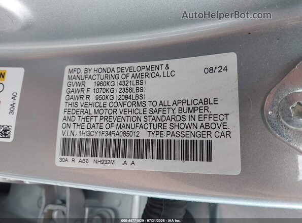 1HGCY1F34RA085012 2024 HONDA ACCORD Silver Շարժիչի բաժամունքի տեսք