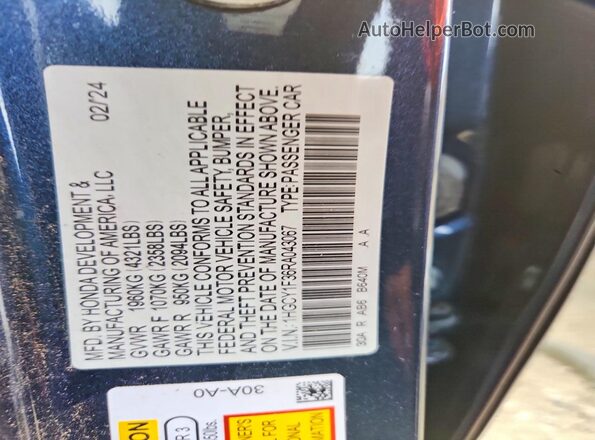 1HGCY1F36RA043067 2024 HONDA ACCORD Blue Widok naklejki z numerem VIN