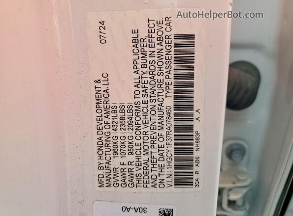 1HGCY1F37RA078460 2024 HONDA ACCORD White Vista del compartimento del motor
