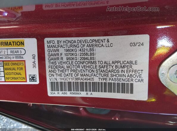 1HGCY1F38RA049405 2024 HONDA ACCORD Красный Вид подкапотного пространства