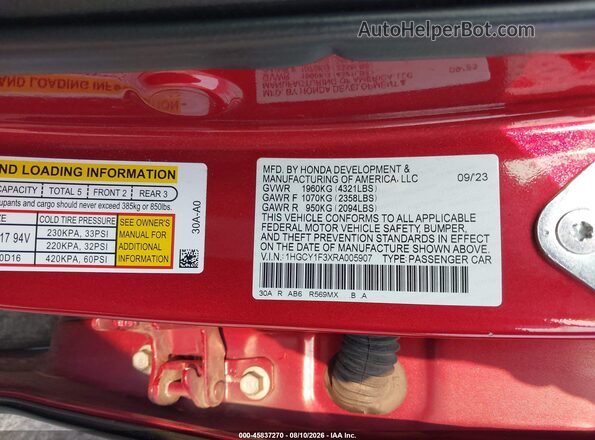 1HGCY1F3XRA005907 2024 HONDA ACCORD Red Շարժիչի բաժամունքի տեսք