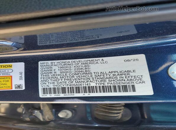 1HGCY1F40SA061143 2025 HONDA ACCORD Blue ძრავის განყოფილების ხედი