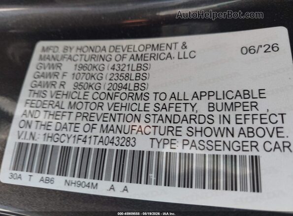 1HGCY1F41TA043283 2026 HONDA ACCORD Gray Widok komory silnika