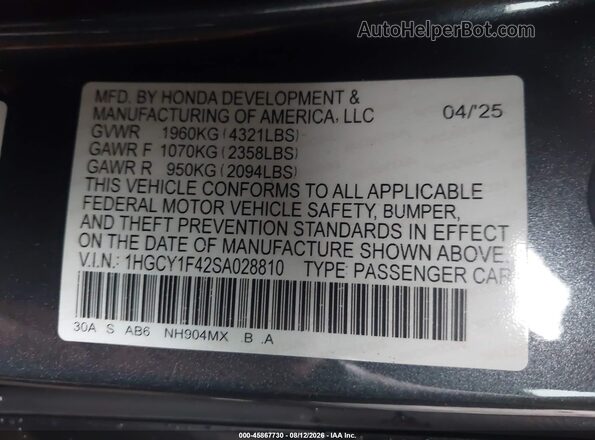 1HGCY1F42SA028810 2025 HONDA ACCORD Gray Engine compartment view
