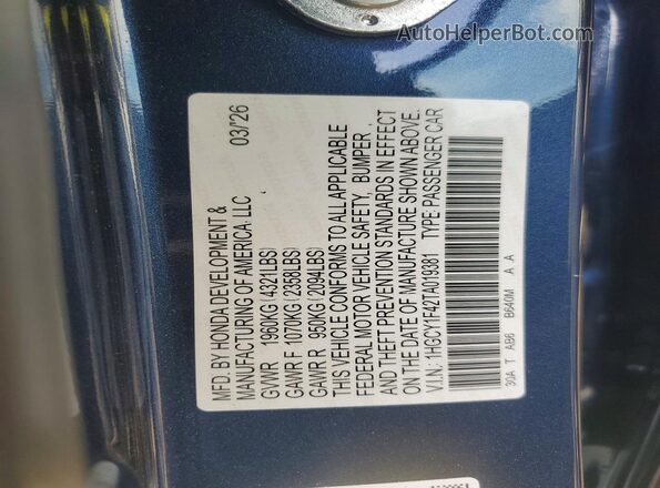 1HGCY1F42TA019381 2026 HONDA ACCORD Black Vista de la etiqueta del VIN