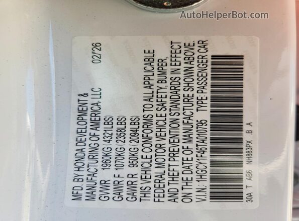 1HGCY1F46TA010795 2026 HONDA ACCORD White Vista del compartimento del motor
