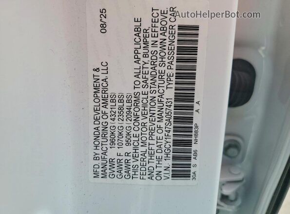 1HGCY1F47SA057431 2025 HONDA ACCORD White 