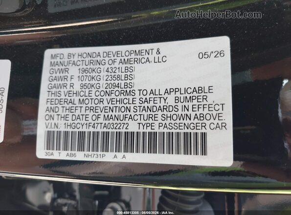 1HGCY1F47TA032272 2026 HONDA ACCORD Black Engine compartment view