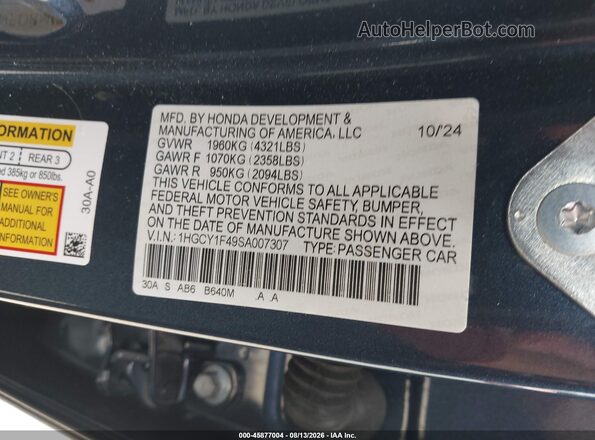 1HGCY1F49SA007307 2025 HONDA ACCORD Dark Blue Widok komory silnika