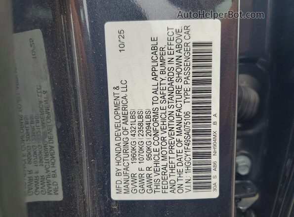 1HGCY1F49SA075106 2025 HONDA ACCORD Gray VIN sticker view