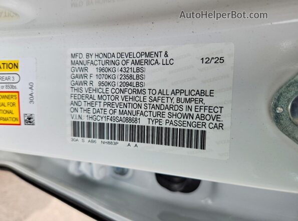 1HGCY1F49SA088681 2025 HONDA ACCORD White Widok komory silnika