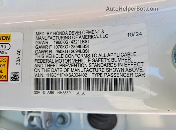 1HGCY1F4XSA004402 2025 HONDA ACCORD Белый Вид подкапотного пространства