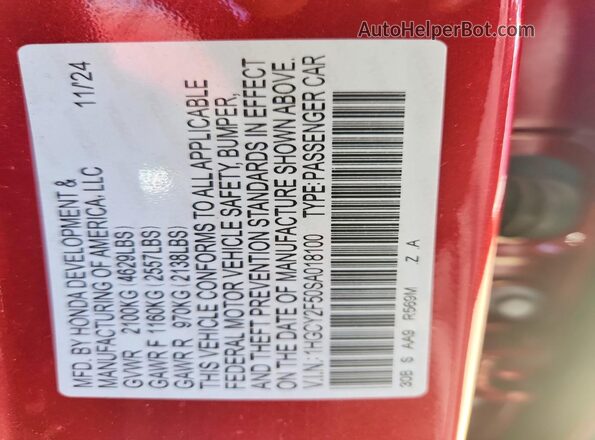 1HGCY2F50SA018100 2025 HONDA ACCORD Red Вид наклейки з VIN-кодом