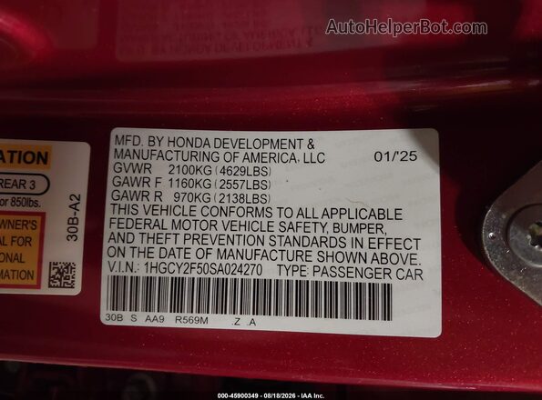 1HGCY2F50SA024270 2025 HONDA ACCORD Red Vista del compartimento del motor