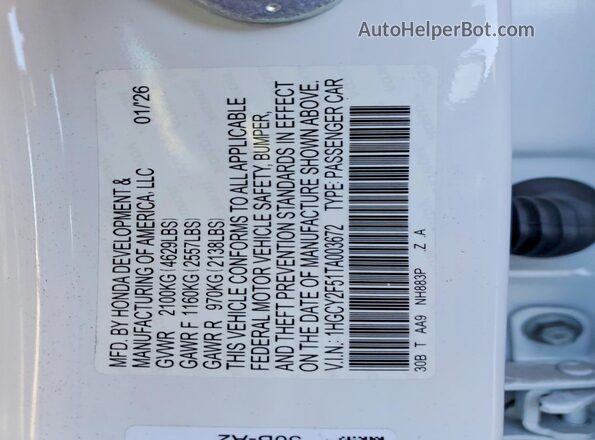 1HGCY2F51TA003672 2026 HONDA ACCORD White Vista de la etiqueta del VIN