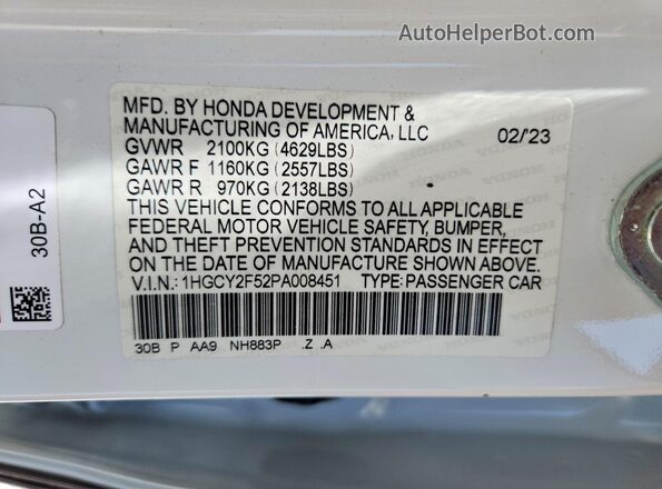 1HGCY2F52PA008451 2023 HONDA ACCORD White Vista del compartimento del motor