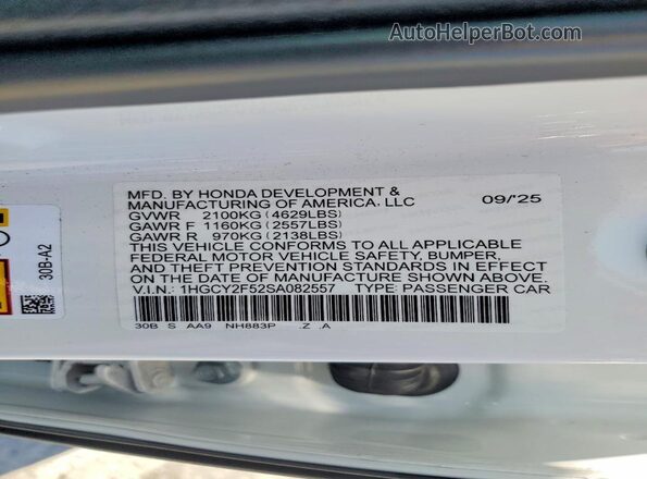 1HGCY2F52SA082557 2025 HONDA ACCORD White Widok naklejki z numerem VIN