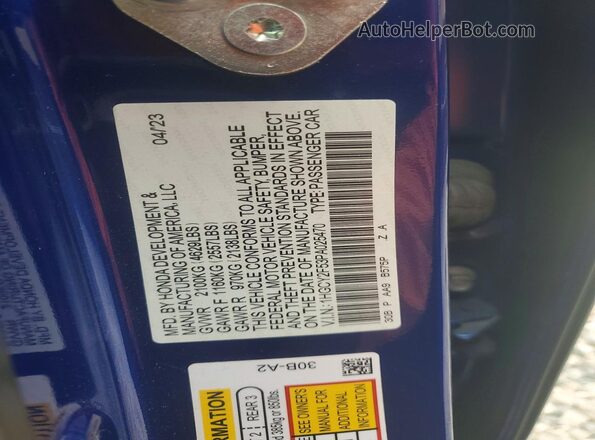1HGCY2F53PA025470 2023 HONDA ACCORD Blue ძრავის განყოფილების ხედი