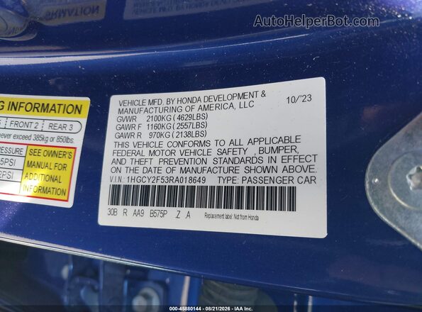 1HGCY2F53RA018649 2024 HONDA ACCORD Blue Vista del compartimento del motor