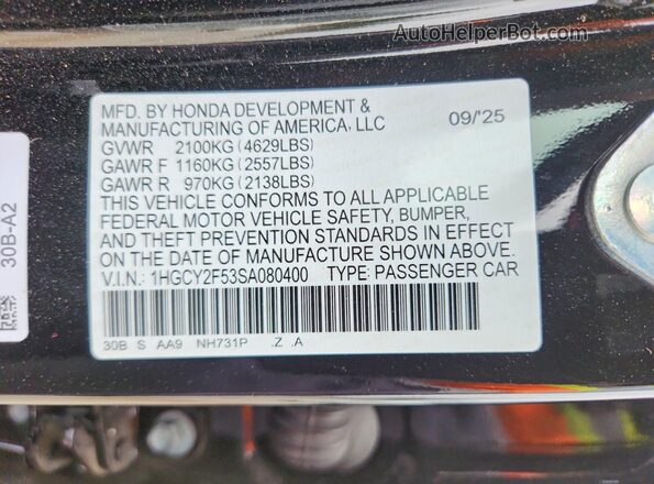 1HGCY2F53SA080400 2025 HONDA ACCORD Black Вид підкапотного простору