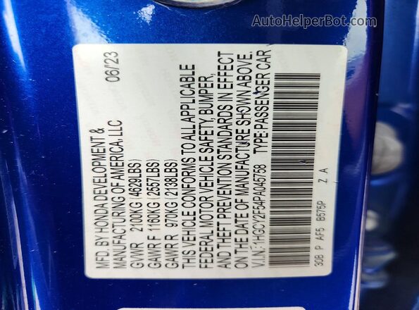 1HGCY2F54PA045758 2023 HONDA ACCORD Blue VIN კოდის სტიკერის ხედი