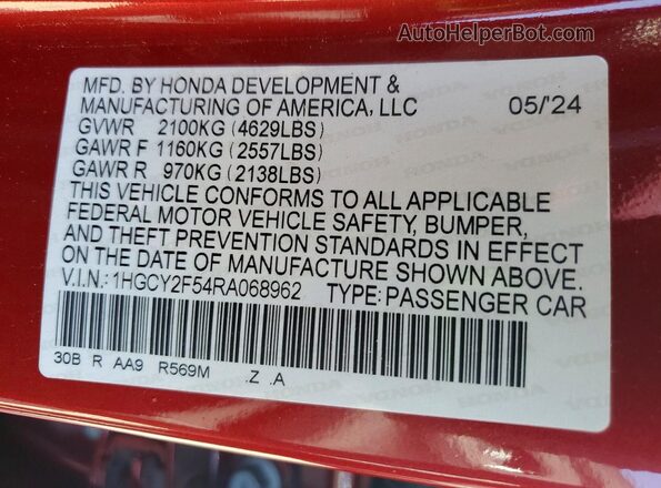 1HGCY2F54RA068962 2024 HONDA ACCORD Red Vista del compartimento del motor