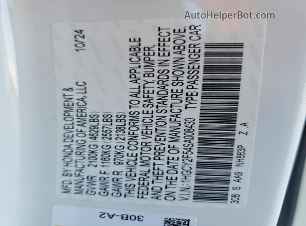 1HGCY2F54SA008430 2025 HONDA ACCORD Белый Вид наклейки с VIN-кодом