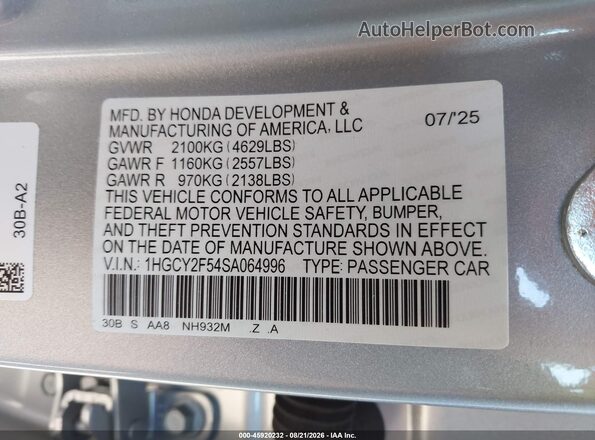 1HGCY2F54SA064996 2025 HONDA ACCORD Silver ძრავის განყოფილების ხედი