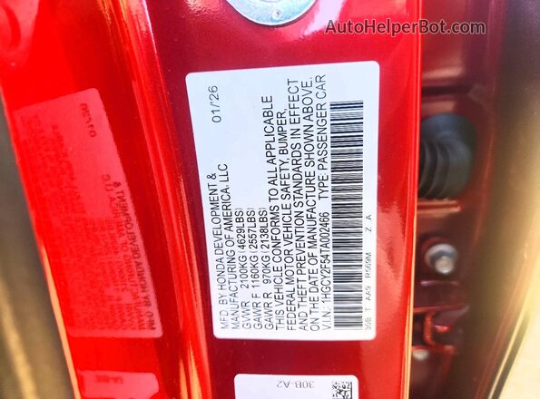 1HGCY2F54TA002466 2026 HONDA ACCORD Red VIN sticker view