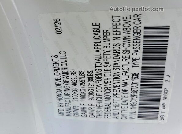 1HGCY2F58TA011638 2026 HONDA ACCORD White Engine compartment view