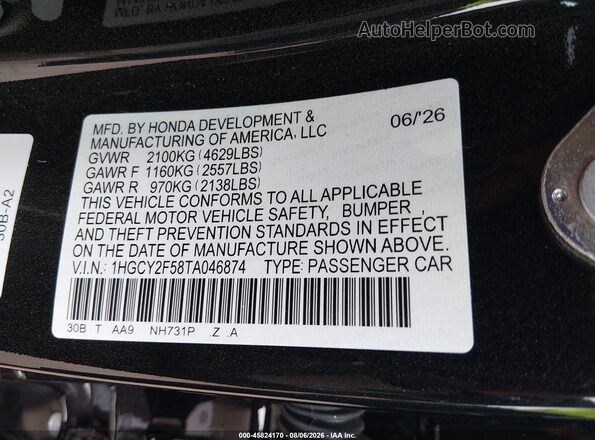 1HGCY2F58TA046874 2026 HONDA ACCORD Black Շարժիչի բաժամունքի տեսք