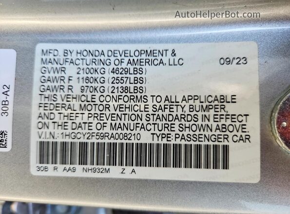 1HGCY2F59RA008210 2024 HONDA ACCORD Silver VIN კოდის სტიკერის ხედი