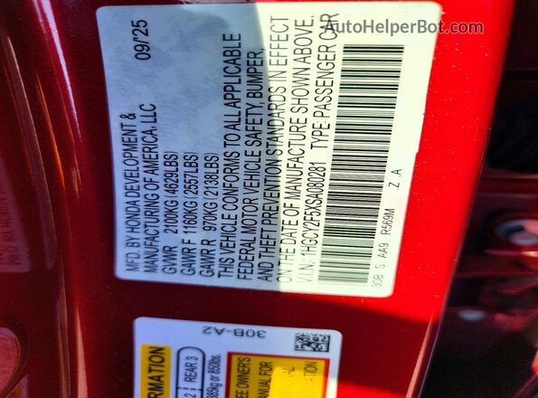 1HGCY2F5XSA080281 2025 HONDA ACCORD Red Շարժիչի բաժամունքի տեսք