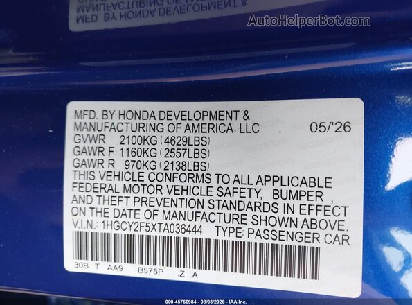 1HGCY2F5XTA036444 2026 HONDA ACCORD Blue Вид підкапотного простору