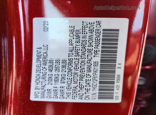 1HGCY2F61PA011835 2023 HONDA ACCORD Red Vista del compartimento del motor