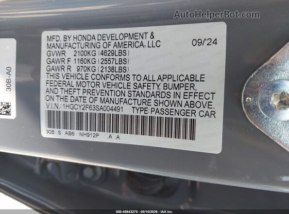 1HGCY2F63SA004491 2025 HONDA ACCORD Серый Вид подкапотного пространства
