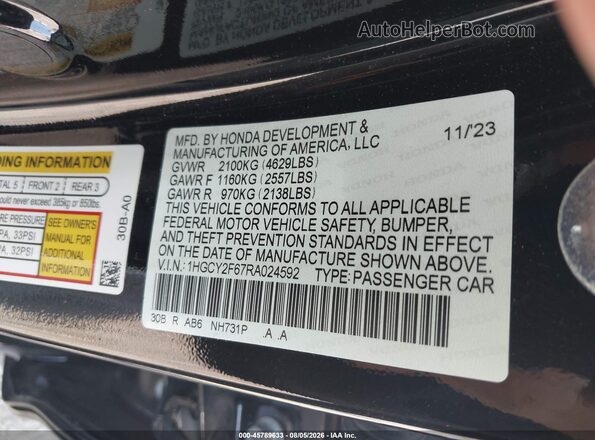 1HGCY2F67RA024592 2024 HONDA ACCORD Black Engine compartment view