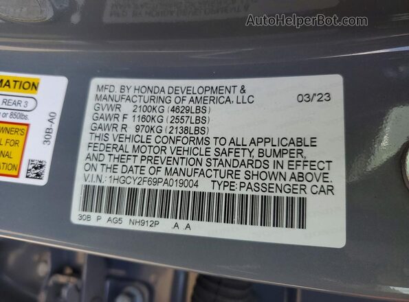 1HGCY2F69PA019004 2023 HONDA ACCORD Gray VIN կոդի պիտակի տեսք
