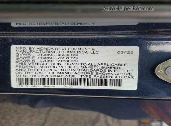 1HGCY2F6XSA035186 2025 HONDA ACCORD Blue Շարժիչի բաժամունքի տեսք