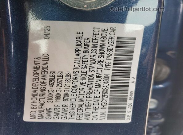 1HGCY2F6XSA048004 2025 HONDA ACCORD Blue Շարժիչի բաժամունքի տեսք