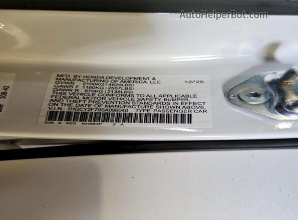 1HGCY2F70SA096040 2025 HONDA ACCORD White Vista de la etiqueta del VIN