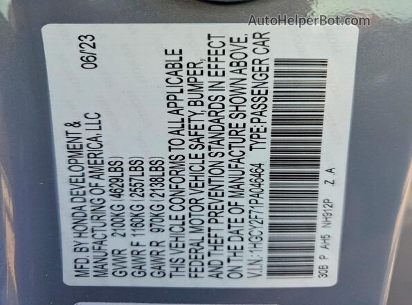 1HGCY2F71PA046464 2023 HONDA ACCORD Серый Вид наклейки с VIN-кодом