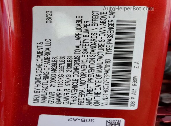 1HGCY2F73PA070183 2023 HONDA ACCORD Red Вид наклейки з VIN-кодом