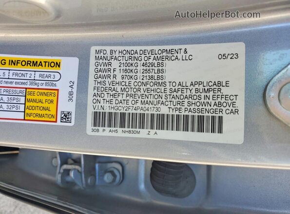 1HGCY2F74PA041730 2023 HONDA ACCORD Silver Вид наклейки з VIN-кодом