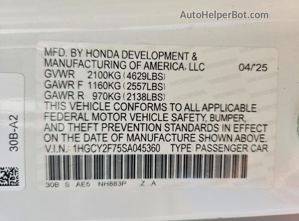 1HGCY2F75SA045360 2025 HONDA ACCORD White VIN კოდის სტიკერის ხედი