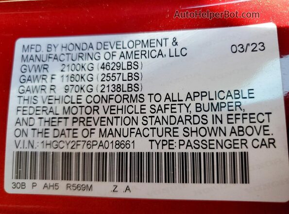 1HGCY2F76PA018661 2023 HONDA ACCORD Красный Вид подкапотного пространства